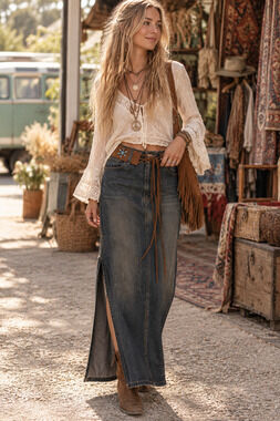 Vintage Y2K hippie Phoebe Buffay vibe Squeeze distressed denim maxi skirt Sz 7/8